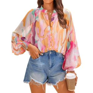 ZESICA Women’s Floral Print Blouse 2026 Long Sleeve Button Down Casual Fall Boho Oversized Tops Shirts(Yellow Purple)