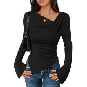 ZESICA Women’s Long Bell Sleeve Shirts 2026 Fall Going Out Asymmetrical Crop Tops Slim Fit Ribbed Ruched Y2K Clothes(Black)