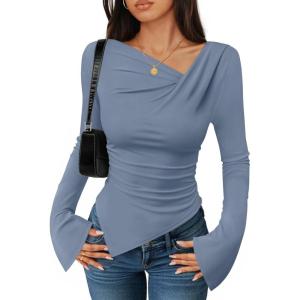 ZESICA Women’s Long Bell Sleeve Shirts 2026 Fall Going Out Asymmetrical Crop Tops Slim Fit Ribbed Ruched Y2K Clothes(Blue)