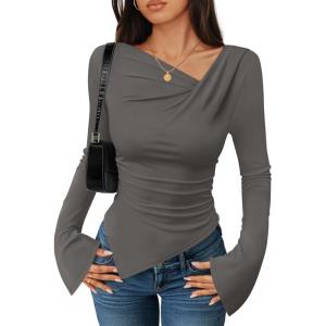 ZESICA Women’s Long Bell Sleeve Shirts 2026 Fall Going Out Asymmetrical Crop Tops Slim Fit Ribbed Ruched Y2K Clothes(Grey)