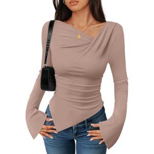 ZESICA Women’s Long Bell Sleeve Shirts 2026 Fall Going Out Asymmetrical Crop Tops Slim Fit Ribbed Ruched Y2K Clothes(Lightkhaki)