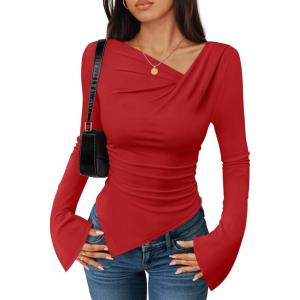 ZESICA Women’s Long Bell Sleeve Shirts 2026 Fall Going Out Asymmetrical Crop Tops Slim Fit Ribbed Ruched Y2K Clothes(Red)