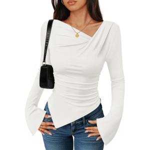 ZESICA Women’s Long Bell Sleeve Shirts 2026 Fall Going Out Asymmetrical Crop Tops Slim Fit Ribbed Ruched Y2K Clothes(White)