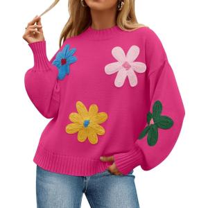 ZESICA Women’s Long Puff Sleeve Sweaters Casual Crewneck Ribbed Knit Flower Color Block Loose Pullover Tops(Rose)