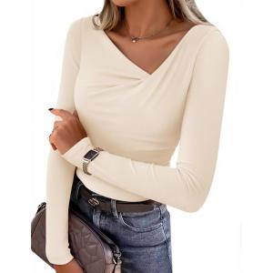 ZESICA Women’s Long Sleeve Asymmetrical Neck Ruched Slim Fit Shirts 2026 Fall Fashion Casual Tee Going Out Tops(Apricot)