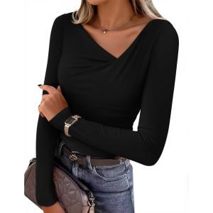 ZESICA Women’s Long Sleeve Asymmetrical Neck Ruched Slim Fit Shirts 2026 Fall Fashion Casual Tee Going Out Tops(Black)
