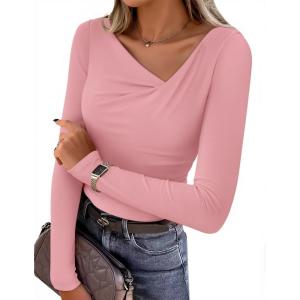 ZESICA Women’s Long Sleeve Asymmetrical Neck Ruched Slim Fit Shirts 2026 Fall Fashion Casual Tee Going Out Tops(Pink)