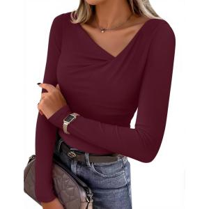 ZESICA Women’s Long Sleeve Asymmetrical Neck Ruched Slim Fit Shirts 2026 Fall Fashion Casual Tee Going Out Tops(Wine Red)