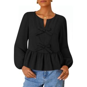 ZESICA Women’s Long Sleeve Babydoll Tops Crewneck Tie Front Casual Loose Ruffle Flowy Peplum Shirts 2026 Fall Blouses(Black)