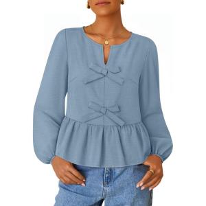 ZESICA Women’s Long Sleeve Babydoll Tops Crewneck Tie Front Casual Loose Ruffle Flowy Peplum Shirts 2026 Fall Blouses(Dustyblue)