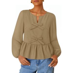 ZESICA Women’s Long Sleeve Babydoll Tops Crewneck Tie Front Casual Loose Ruffle Flowy Peplum Shirts 2026 Fall Blouses(Khaki)