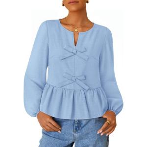 ZESICA Women’s Long Sleeve Babydoll Tops Crewneck Tie Front Casual Loose Ruffle Flowy Peplum Shirts 2026 Fall Blouses(Sky)
