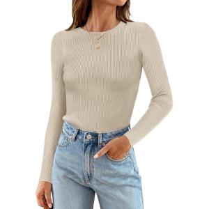 ZESICA Women’s Long Sleeve Crewneck Shirts 2026 Spring Ribbed Knit Sweater Slim Fitted Casual Basic Tee Tops(Almond)