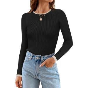ZESICA Women’s Long Sleeve Crewneck Shirts 2026 Spring Ribbed Knit Sweater Slim Fitted Casual Basic Tee Tops(Dim)