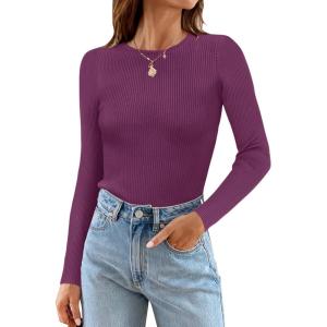 ZESICA Women’s Long Sleeve Crewneck Shirts 2026 Spring Ribbed Knit Sweater Slim Fitted Casual Basic Tee Tops(Fuchsia)