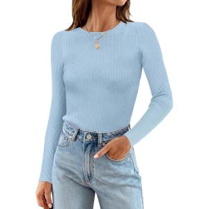ZESICA Women’s Long Sleeve Crewneck Shirts 2026 Spring Ribbed Knit Sweater Slim Fitted Casual Basic Tee Tops(Sky)