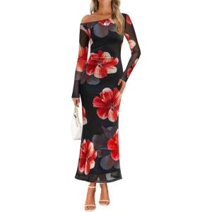 ZESICA Women’s Long Sleeve Floral Maxi Dress 2026 Fall Off Shoulder Bodycon Ruched Mesh Cocktail Wedding Guest Dresses(Black)