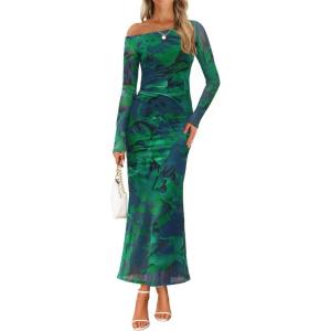 ZESICA Women’s Long Sleeve Floral Maxi Dress 2026 Fall Off Shoulder Bodycon Ruched Mesh Cocktail Wedding Guest Dresses(Green)