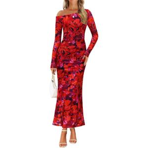 ZESICA Women’s Long Sleeve Floral Maxi Dress 2026 Fall Off Shoulder Bodycon Ruched Mesh Cocktail Wedding Guest Dresses(Red)