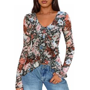 ZESICA Women’s Long Sleeve Floral Shirts V Neck Going Out Ruffle Tops Blouses 2026 Fall Fashion Clothes Outfits(Black)