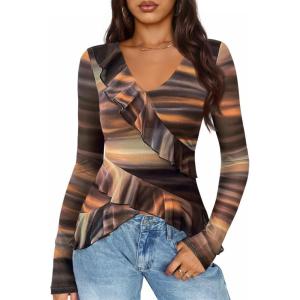 ZESICA Women’s Long Sleeve Floral Shirts V Neck Going Out Ruffle Tops Blouses 2026 Fall Fashion Clothes Outfits(Brown)