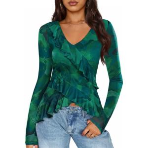 ZESICA Women’s Long Sleeve Floral Shirts V Neck Going Out Ruffle Tops Blouses 2026 Fall Fashion Clothes Outfits(Green)