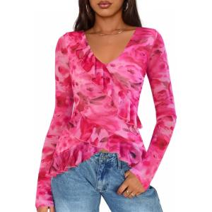 ZESICA Women’s Long Sleeve Floral Shirts V Neck Going Out Ruffle Tops Blouses 2026 Fall Fashion Clothes Outfits(Pink)