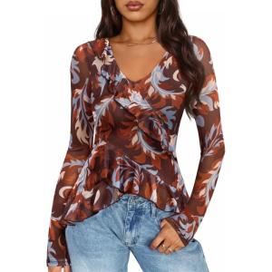 ZESICA Women’s Long Sleeve Floral Shirts V Neck Going Out Ruffle Tops Blouses 2026 Fall Fashion Clothes Outfits(Wine)