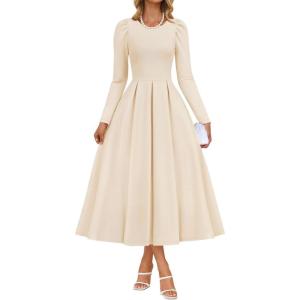 ZESICA Women’s Long Sleeve Midi Dresses 2026 Spring Elegant Crewneck Swing A Line Wedding Guest Party Dress with Pockets(Apricot)