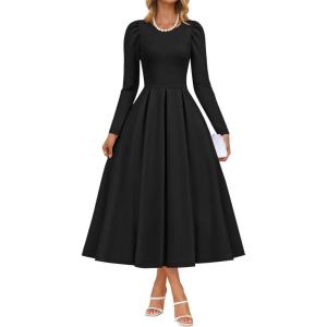 ZESICA Women’s Long Sleeve Midi Dresses 2026 Spring Elegant Crewneck Swing A Line Wedding Guest Party Dress with Pockets(Black)