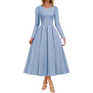 ZESICA Women’s Long Sleeve Midi Dresses 2026 Spring Elegant Crewneck Swing A Line Wedding Guest Party Dress with Pockets(Blue)