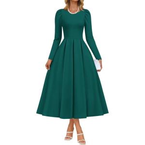 ZESICA Women’s Long Sleeve Midi Dresses 2026 Spring Elegant Crewneck Swing A Line Wedding Guest Party Dress with Pockets(Green)