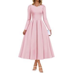 ZESICA Women’s Long Sleeve Midi Dresses 2026 Spring Elegant Crewneck Swing A Line Wedding Guest Party Dress with Pockets(Pink)