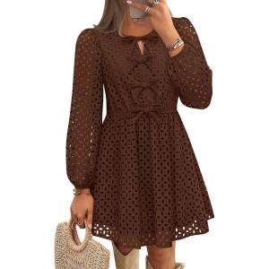 ZESICA Women’s Long Sleeve Mini Dress 2026 Fall Crewneck Tie Front Hollow Out Eyelet Babydoll A Line Short Dresses(Brown)