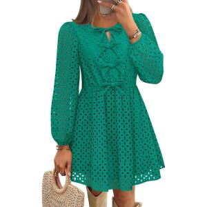 ZESICA Women’s Long Sleeve Mini Dress 2026 Fall Crewneck Tie Front Hollow Out Eyelet Babydoll A Line Short Dresses(Green)