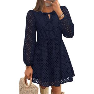 ZESICA Women’s Long Sleeve Mini Dress 2026 Fall Crewneck Tie Front Hollow Out Eyelet Babydoll A Line Short Dresses(Navy)