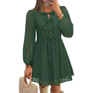ZESICA Women’s Long Sleeve Mini Dress 2026 Fall Crewneck Tie Front Hollow Out Eyelet Babydoll A Line Short Dresses(Olive)