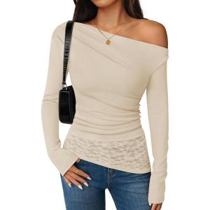 ZESICA Women’s Long Sleeve Off Shoulder Tops Fall 2026 Casual Boat Neck Lace Slim Fit Going Out Y2k Shirts Blouses(Apricot)