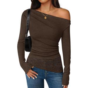 ZESICA Women’s Long Sleeve Off Shoulder Tops Fall 2026 Casual Boat Neck Lace Slim Fit Going Out Y2k Shirts Blouses(Coffee)