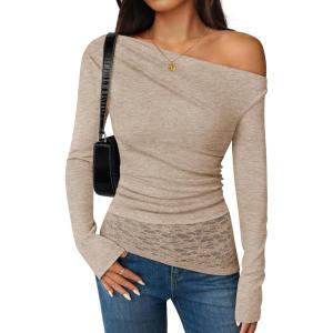 ZESICA Women’s Long Sleeve Off Shoulder Tops Fall 2026 Casual Boat Neck Lace Slim Fit Going Out Y2k Shirts Blouses(Light Khaki)