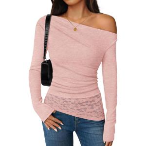 ZESICA Women’s Long Sleeve Off Shoulder Tops Fall 2026 Casual Boat Neck Lace Slim Fit Going Out Y2k Shirts Blouses(Pink)