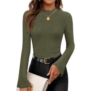 ZESICA Women’s Long Sleeve Shirts 2026 Spring Mock Neck Ribbed Slim Fit Tops Basic Tees Dressy Casual Outfits Clothes(Armygreen)
