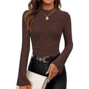 ZESICA Women’s Long Sleeve Shirts 2026 Spring Mock Neck Ribbed Slim Fit Tops Basic Tees Dressy Casual Outfits Clothes(Darkbrown)