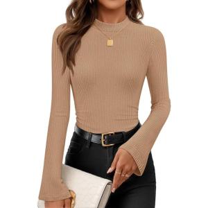 ZESICA Women’s Long Sleeve Shirts 2026 Spring Mock Neck Ribbed Slim Fit Tops Basic Tees Dressy Casual Outfits Clothes(Khaki)