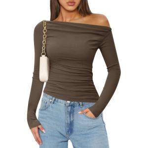 ZESICA Womens Off Shoulder Long Sleeve Tops 2026 Spring Casual Boat Neck Ruched Slim Fit Going Out Y2k Shirts Blouses(Coffee)