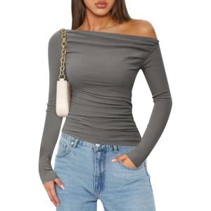 ZESICA Womens Off Shoulder Long Sleeve Tops 2026 Spring Casual Boat Neck Ruched Slim Fit Going Out Y2k Shirts Blouses(Grey)