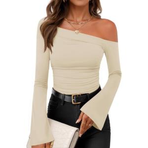 ZESICA Women’s Off Shoulder Tops Bell Long Sleeve Shirts 2026 Spring Trendy Going Out Ruched Tight Fitted Y2K Clothes(Apricot)