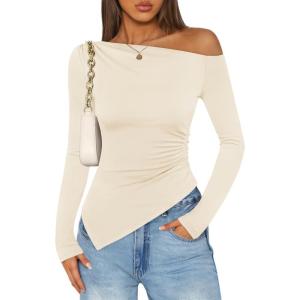 ZESICA Women’s Off The Shoulder Tops 2026 Long Sleeve Y2K Asymmetrical Ruched Fitted Shirts Spring Trendy Going Out Top(Apricot)