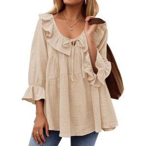 ZESICA Womens Scoop Neck 3/4 Length Sleeve Tops 2026 Casual Tie Front Ruffle Tiered Loose Tunic Shirts Blouses Fall Outfits(Apricot)