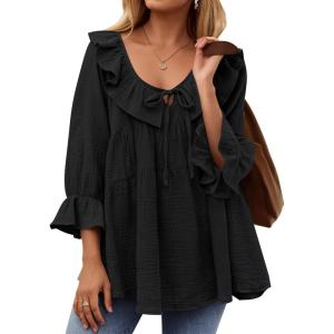 ZESICA Womens Scoop Neck 3/4 Length Sleeve Tops 2026 Casual Tie Front Ruffle Tiered Loose Tunic Shirts Blouses Fall Outfits(Black)